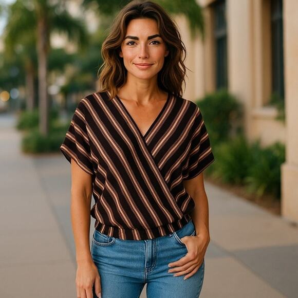 Xhilaration Womens Top Size S Surplice Crop Striped Tie Back Brown Pink Multi‎ - Picture 3 of 9